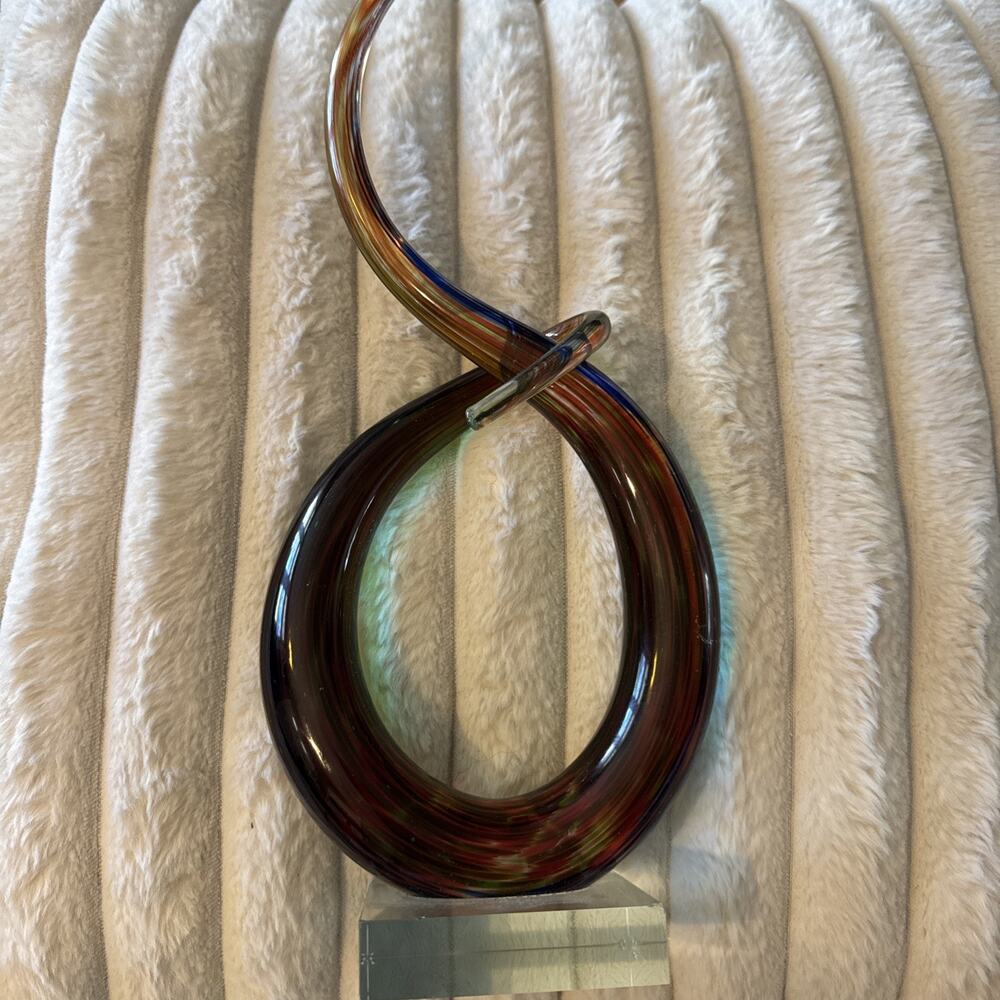 Abstract Rainbow Art Glass Sculpture Murano Style Swirl Ribbon Loop Glass Base